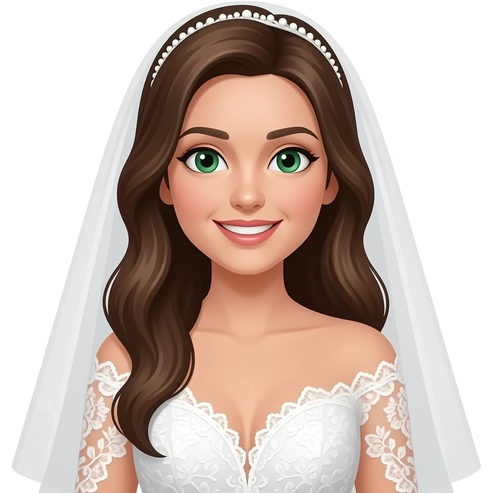 smiling bride white skin long brown hair cute emoji style and green eyes emoji
