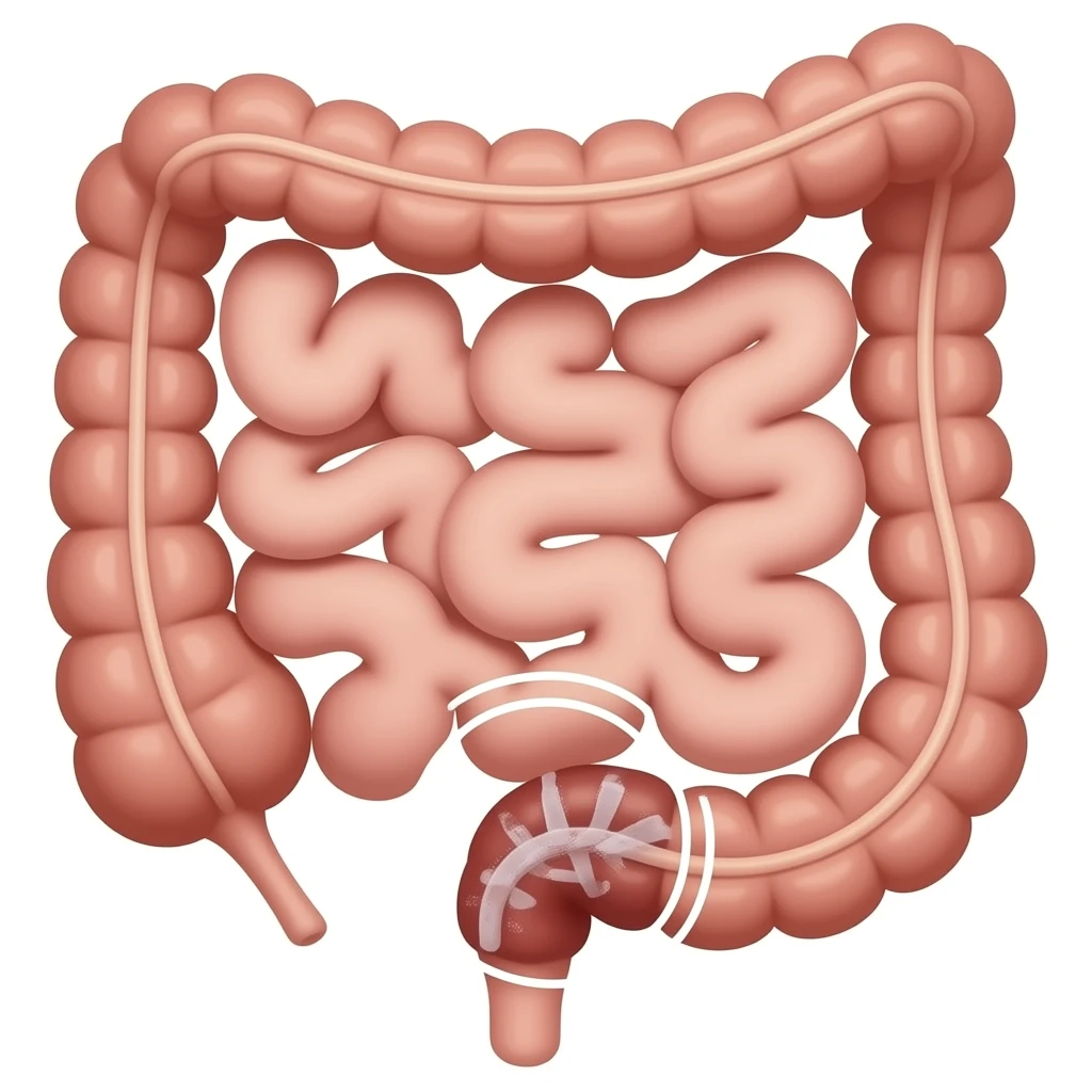 appendix in bowel anatomy image, circle around the appendix emoji