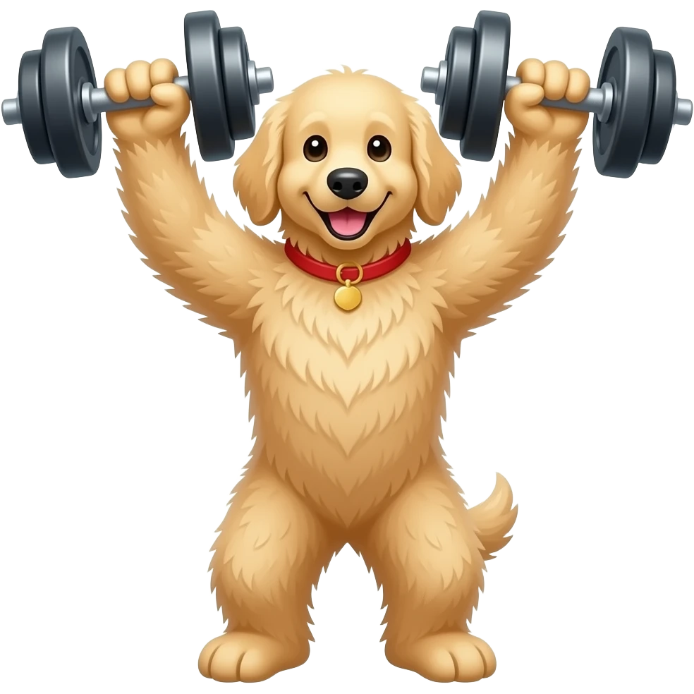 Cream coloured golden doodle lifting weights emoji