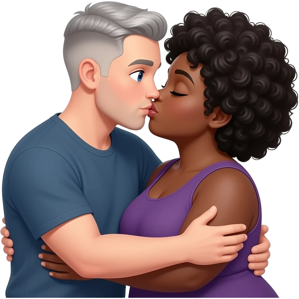 Medium build white male with medium light hair and some gray hair, cut high and tight/ buzz cut  blue eyes with his arms wrapped around plus size black female Afro hair, some gray. The couple should be kissing. emoji