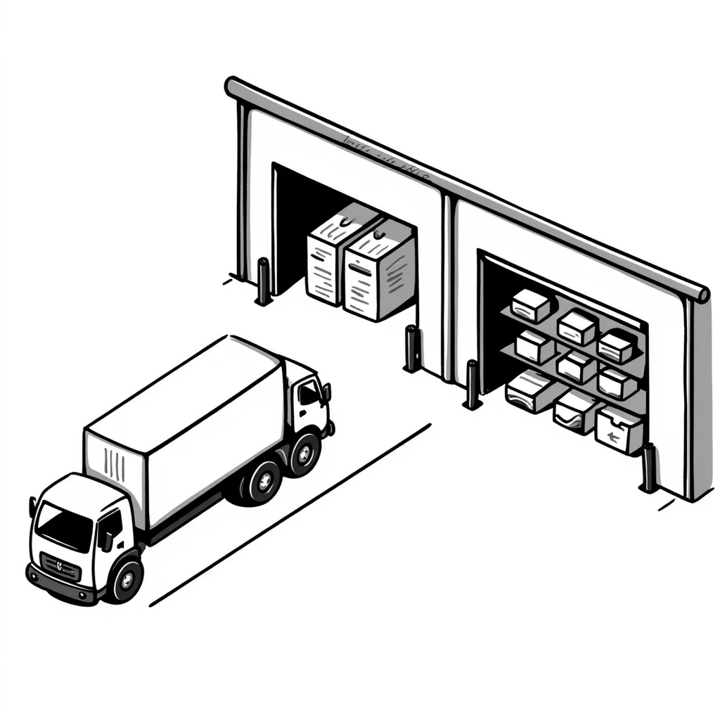 isometric view of an industrial warehouse with loading bay doors, a few parked trucks, and storage shelves visible through open doors emoji