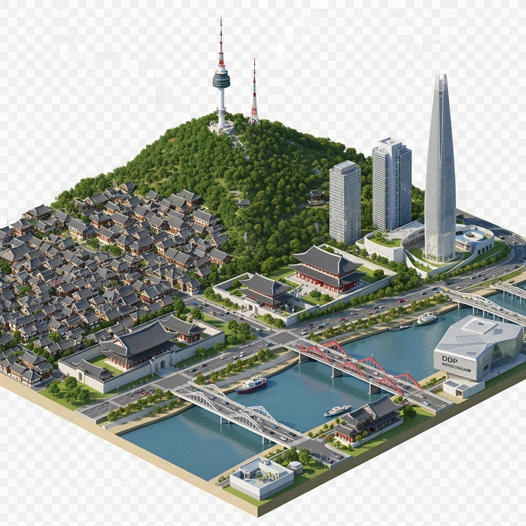 Isometric diorama of Seoul typical houses, Namsan Seoul Tower, Gyeongbokgung Palace, Lotte World Tower, Dongdaemun Design Plaza, and Han River bridges, 3D miniature effect and Tilt Shift effect, no cartoonish look, transparent background. emoji