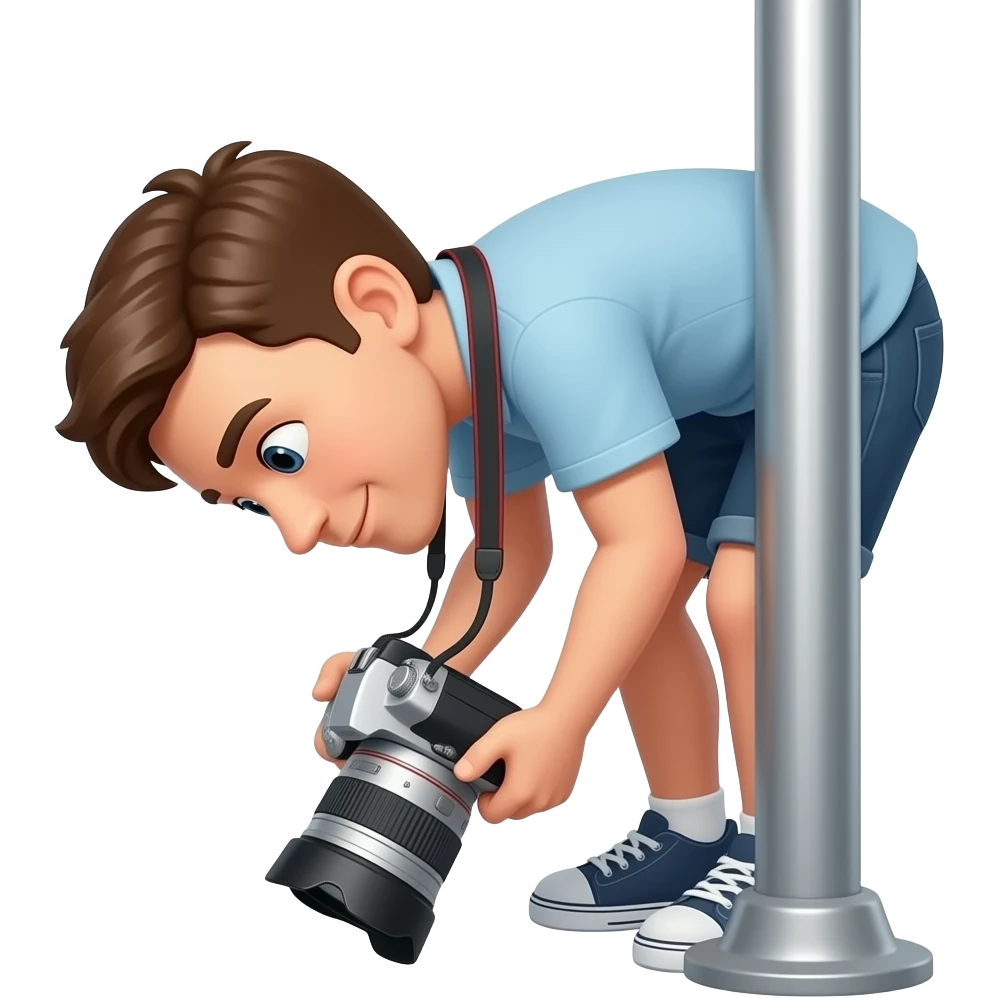 Personne panché sur le côté en train de tenir une caméra derrière un poteau emoji