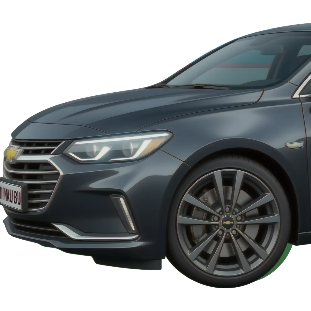 A realistic icon emoji of a metallic black sedan Chevrolet Malibu 2.0L Turbo Premier, front wheels turned to the left, dark charcoal tint windows, black alloy 5-spoke rims, Dynamic white glow LED headlights with glowing effect, uzbekistan region flag, number texts "01 | MALIBU" in plate emoji