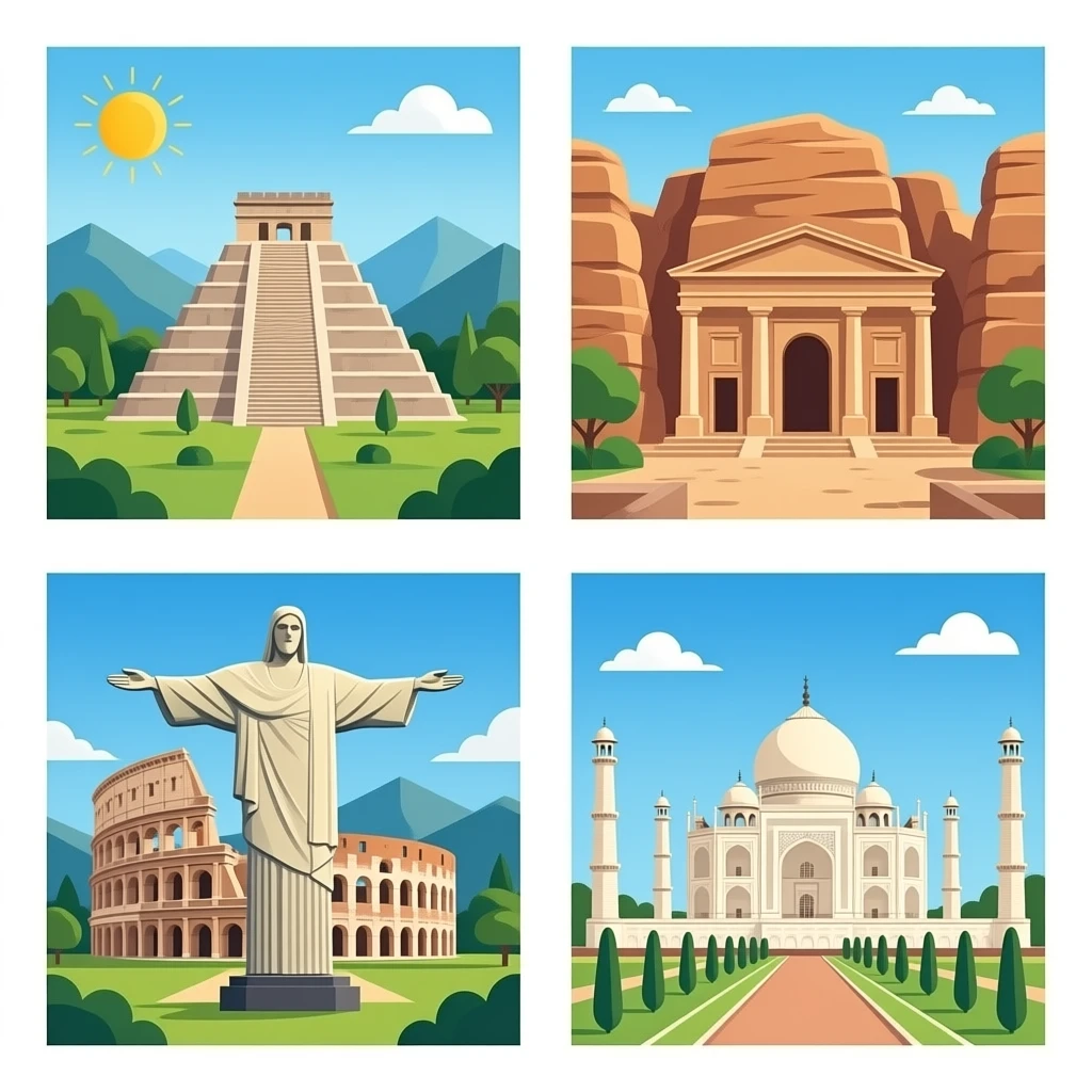 7 wonders: Great Wall of china, chichen itza, Petra, Machu Picchu, Christ the redeemer, colosseum, and taj mahal emoji