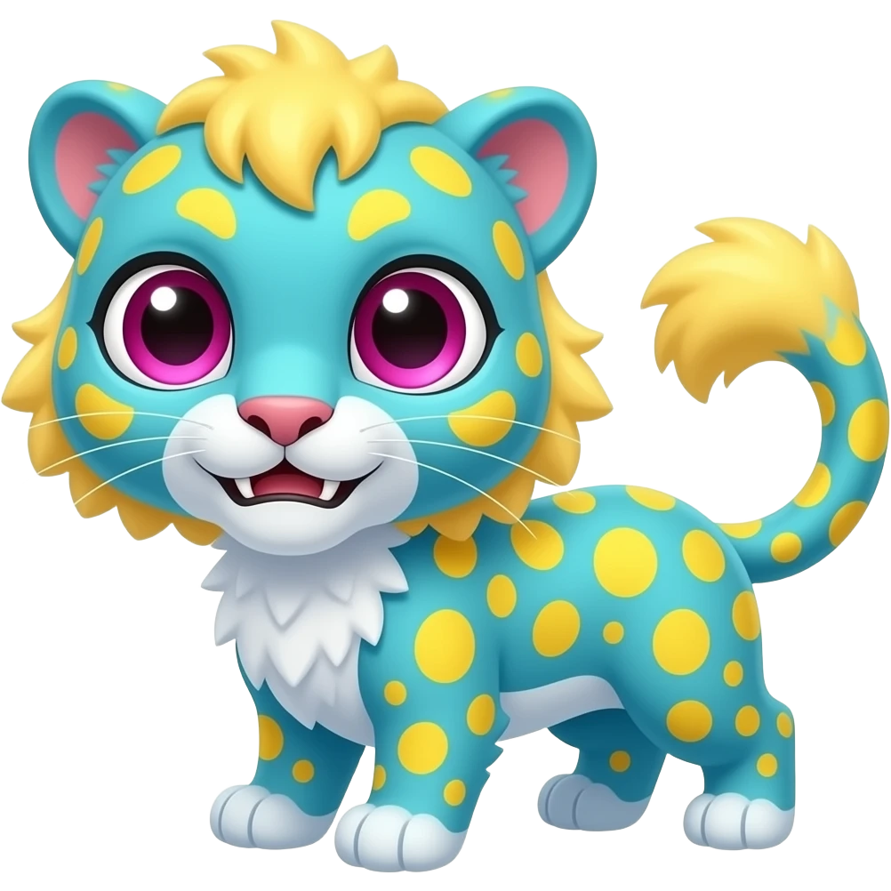 Adorable Cyan Four-legged digitigrade Panther with big adorable eyes, yellow spots, yellow hair, and magenta eyes, and snagletooth emoji