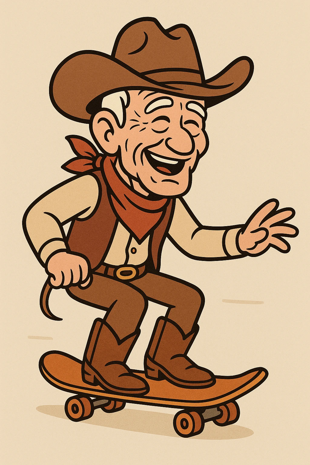 senior cowboy with wrinkled face, cowboy hat, riding a skateboard, cheerful and adventurous emoji