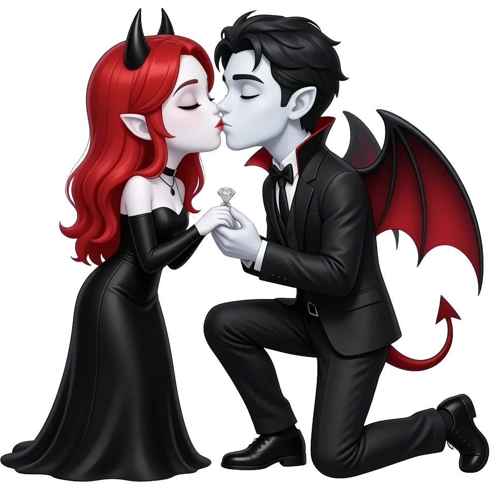 Vampiro femmina ADOLESCENTE con pelle bianca e capelli rossi  indossa un vestito nero LUNGO le maniche lunghe e il suo ragazzo VAMPIRO ADOLESCENTE con la pelle bianca  si inginocchia  le chiede di sposarlo con un anello d'argento con un diamante ed la ragazza lo bacia con gli occhi chiusi (entrambi) emoji