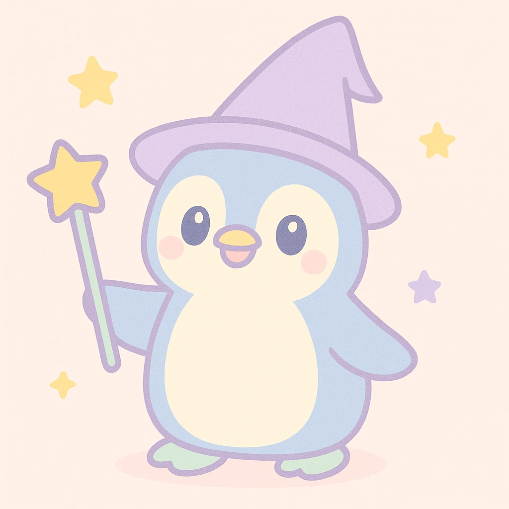 whimsical penguin dressed as a wizard, wearing a pointed hat and holding a magic staff, cute and magical style emoji