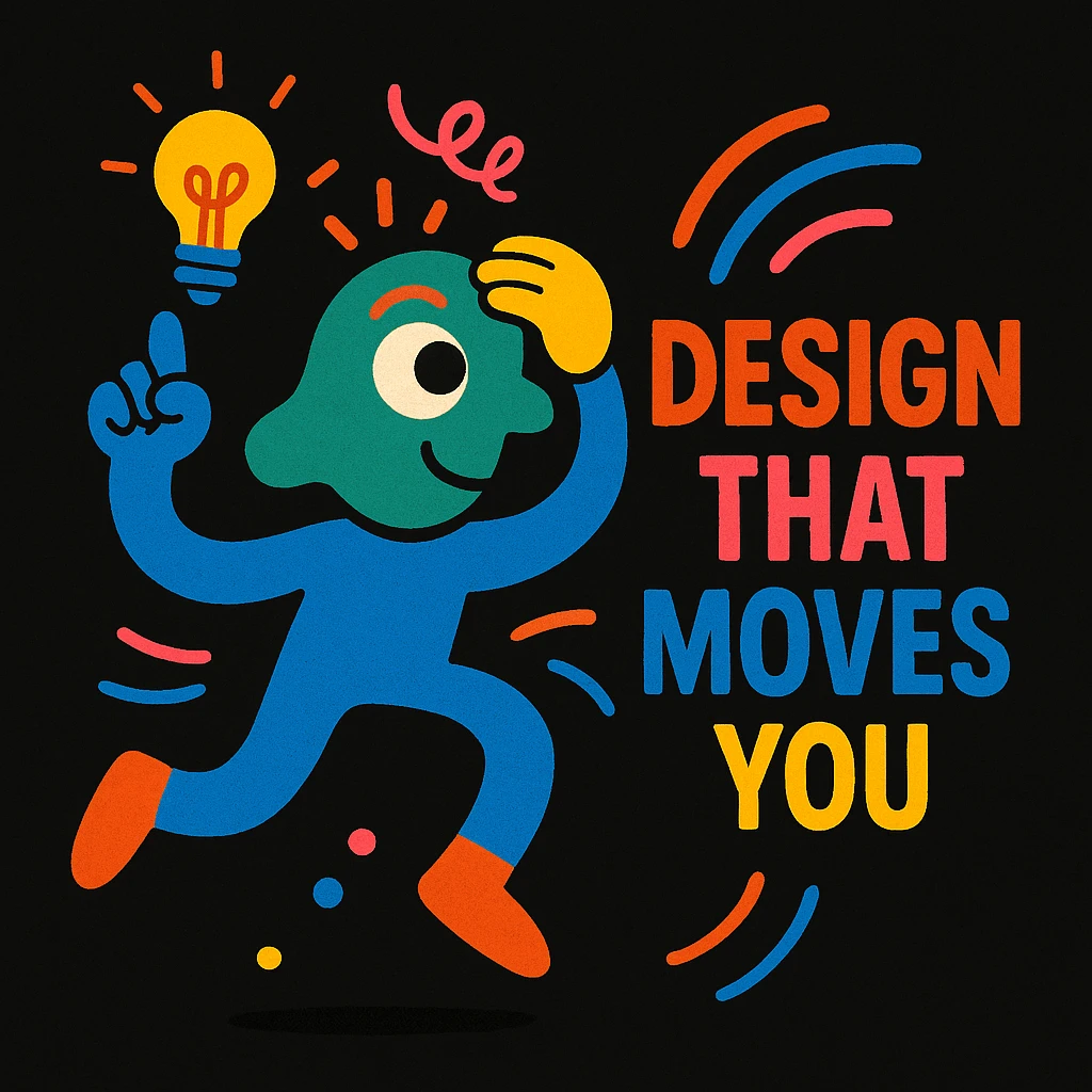 abstract mascot character for a black website, playful and energetic, with visual cues of thinking and creativity in motion, bright lively colors, imaginative style, for a creative tech portfolio, includes the tagline 'Design That Moves You' emoji