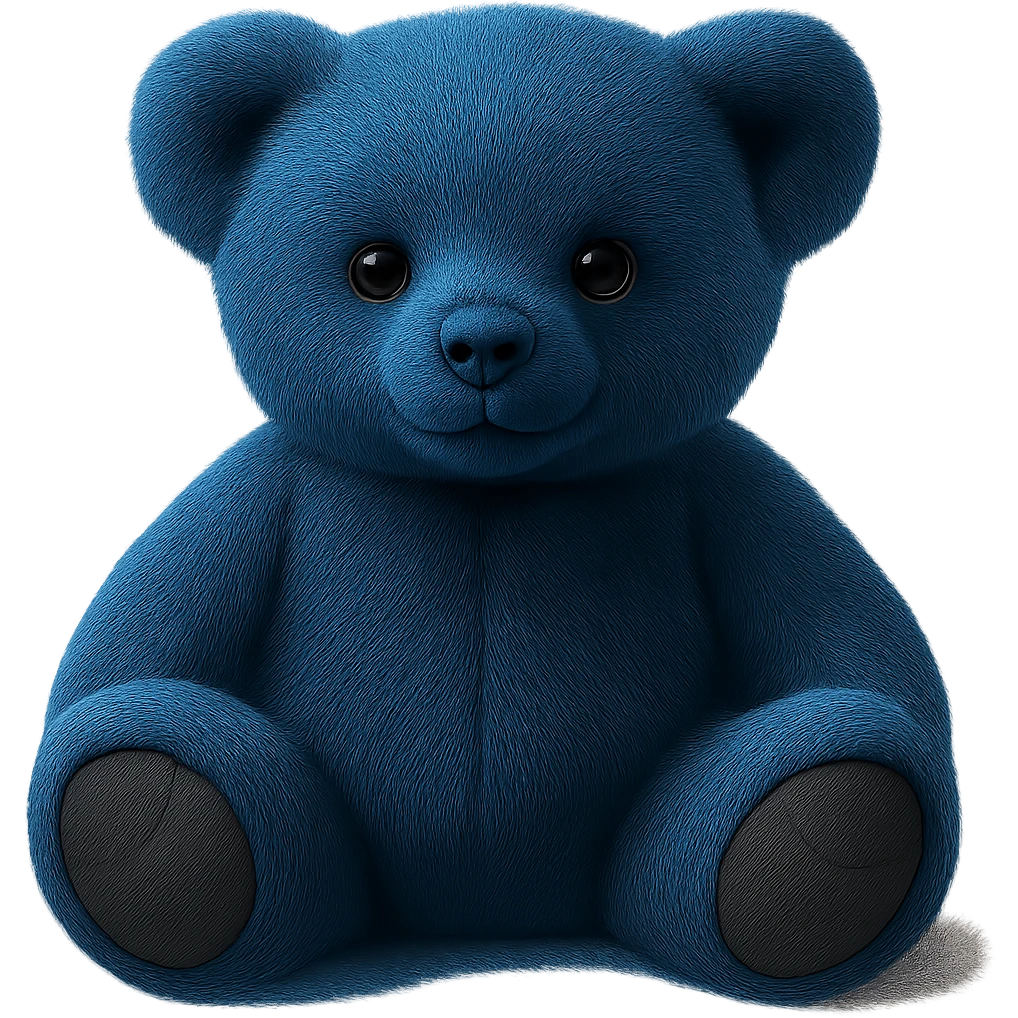 Change the teddy bear's fur to a realistic blue color, keep soft lighting and transparent background. The style should maintain a realistic and soft lighting look. emoji