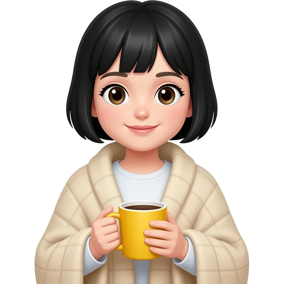A white girl with short black hair, with a beige blanket and a coffee in a very cozy yellow mug, in iPhone emoji style emoji