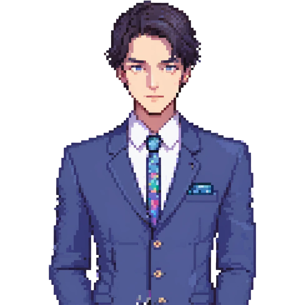 Flat pixel art, focused and confident male strategist, fair skin, short sleek dark hair, intense sharp eyes, wearing a deep indigo suit jacket over a crisp white shirt, holding a futuristic holographic blueprint in one hand, other hand thoughtfully touching chin, waist-up, front-facing emoji
