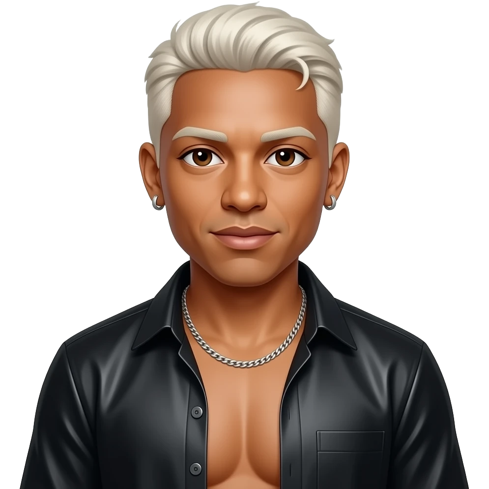 Sisqo, R&B Singer with dark brown eyes, silver blonde hair, black metallic open shirt, shirtless with silver necklace and short earrings emoji