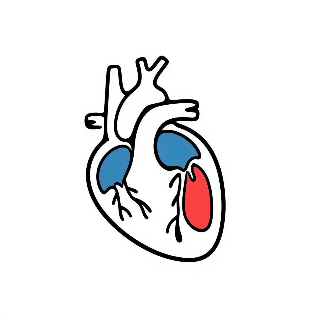 A hand-drawn anatomical heart with detailed chambers and arteries in medical diagram style, showing blue veins and red arteries, with clear internal structure, oxygenated blood in red and deoxygenated blood in blue emoji