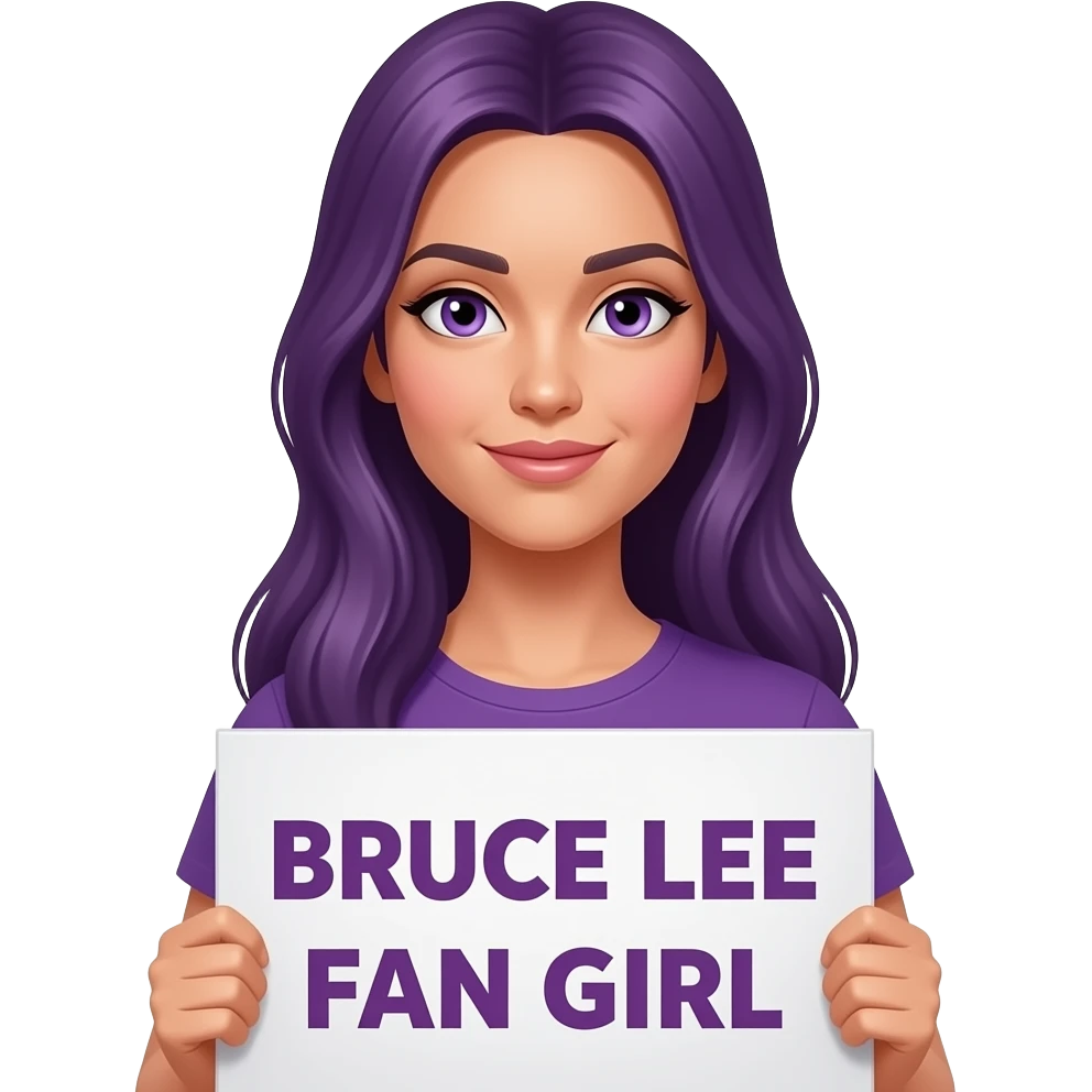 sexy girl with long purple hair and purple eyes holding BRUCE LEE FAN GIRLsign emoji