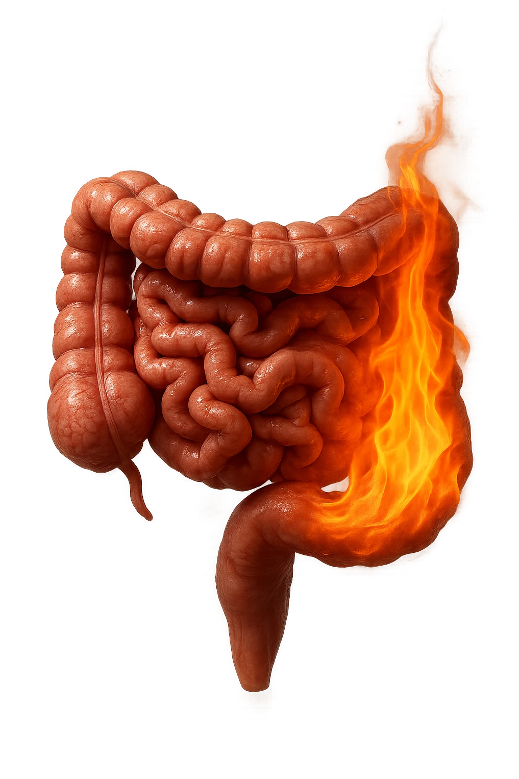 intestino umano anatomico realistico con fiamma, iperrealistico, non disegnato emoji