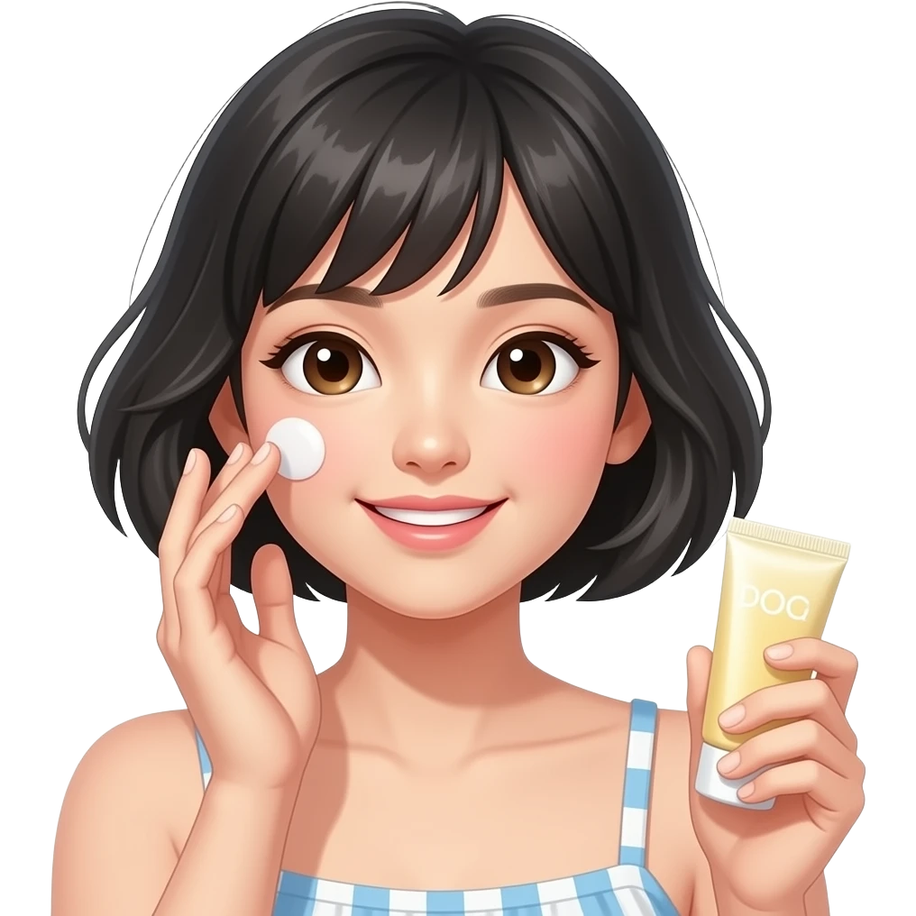 an asian girl is putting sunscreen on her face under the sun and holding a sunscreen emoji