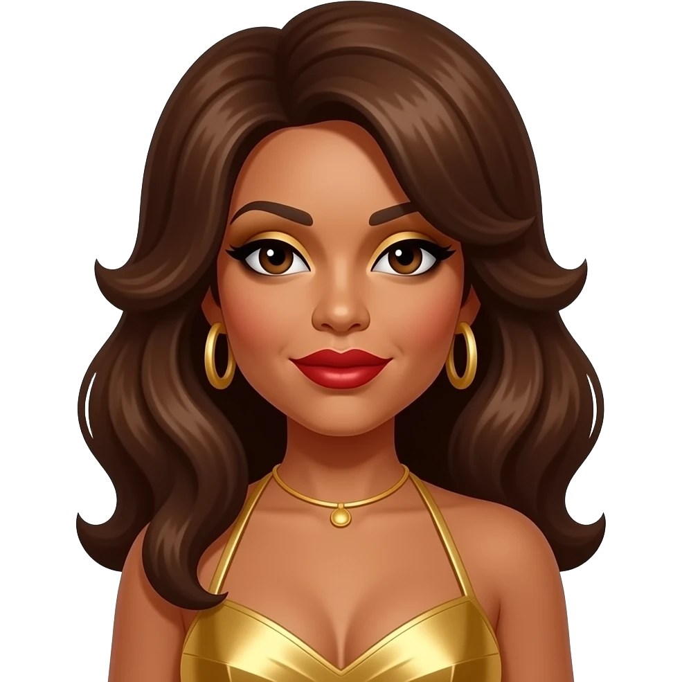 Tina Turner with dark brown eyes, long brown 60s beehive hair, gold eyeshadow, red lipstick, gold metallic halter dress, gold earrings emoji