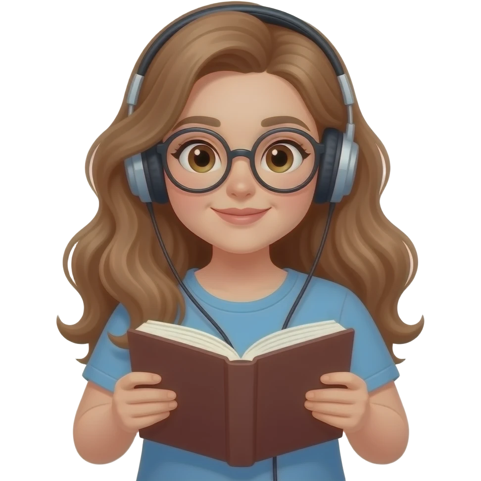 detailed emoji illustration of a curvy woman with long light brown wavy hair, light brown eyes and round glasses reading a book while wearing headphones, relaxed and focused vibe, cute emoji style emoji