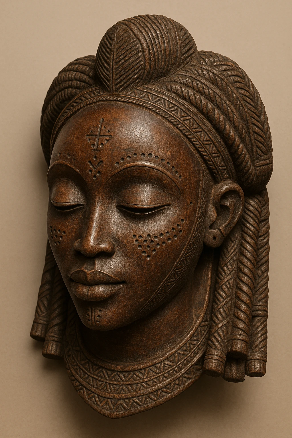 Mwana Pwo mask, Cokwe tribe, Angola, detailed wood carving, elegant feminine face, scarification marks, traditional African art, plain background emoji