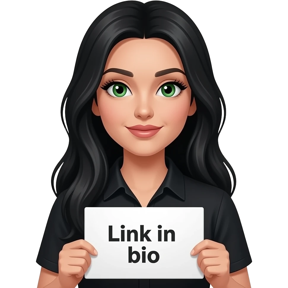 A beautiful woman with long jet black hair and green eyes and pale skin and very long eyelashes wearing a black shirt and holding a sign saying “Link in bio” emoji