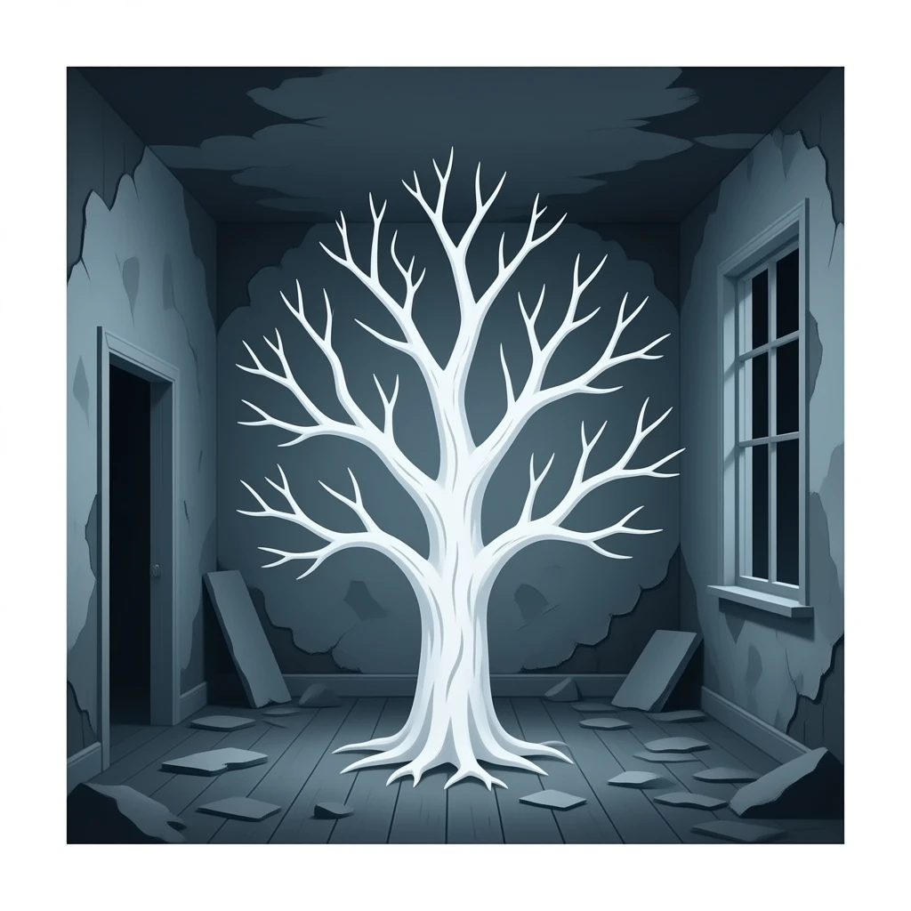surrealistic - white bare haunted tree grows from a dilapidated room. emoji