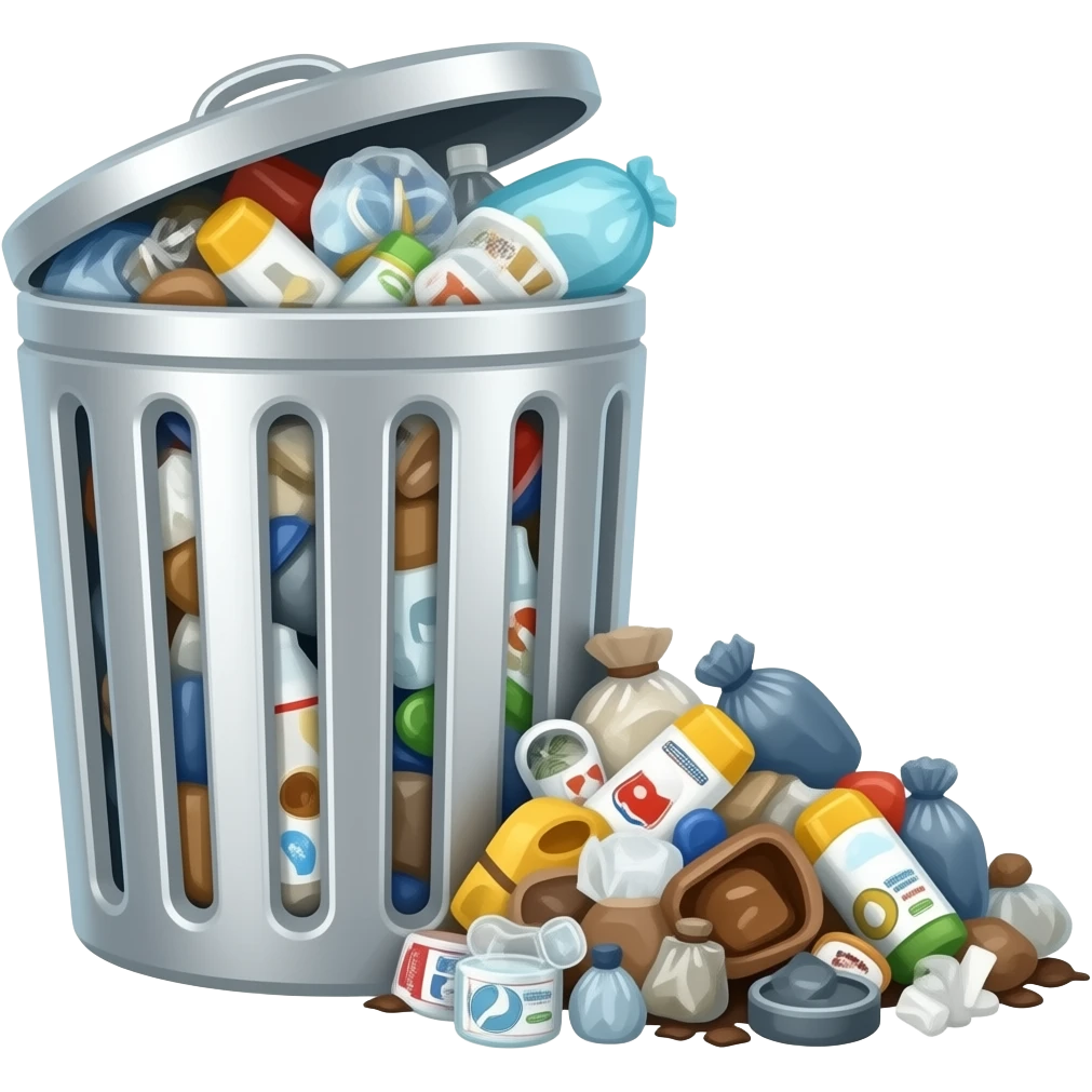 Overflowing garbage can with a pile of trash next to it emoji