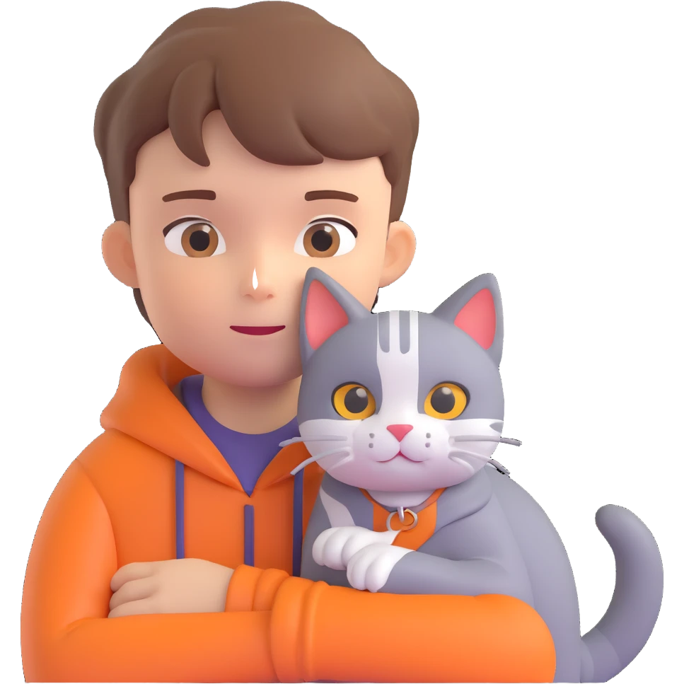 boy and cat pet in forrest background, close up pose emoji