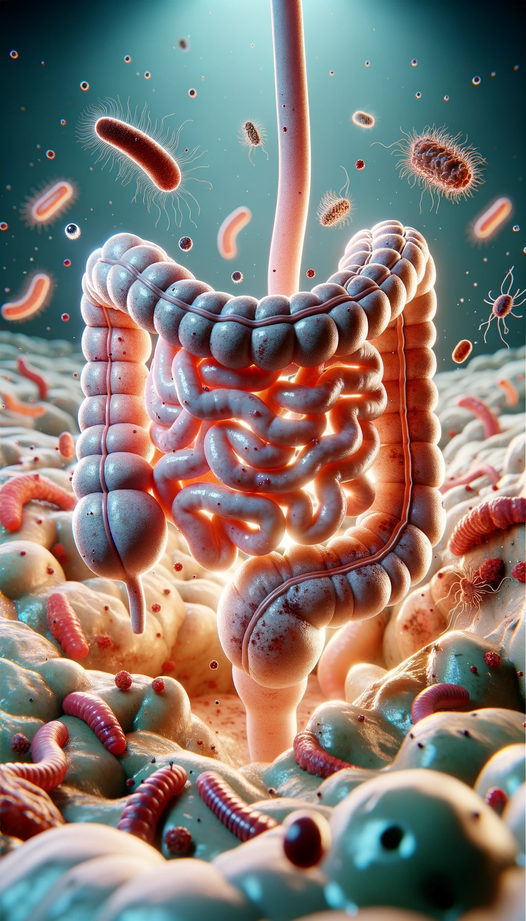 INTESTINO UMANO ANATOMICO REALISTICO CIRCONDATO DA PARASSITI E BATTERI INTESTINALI, IPERREALISTICO 4K emoji