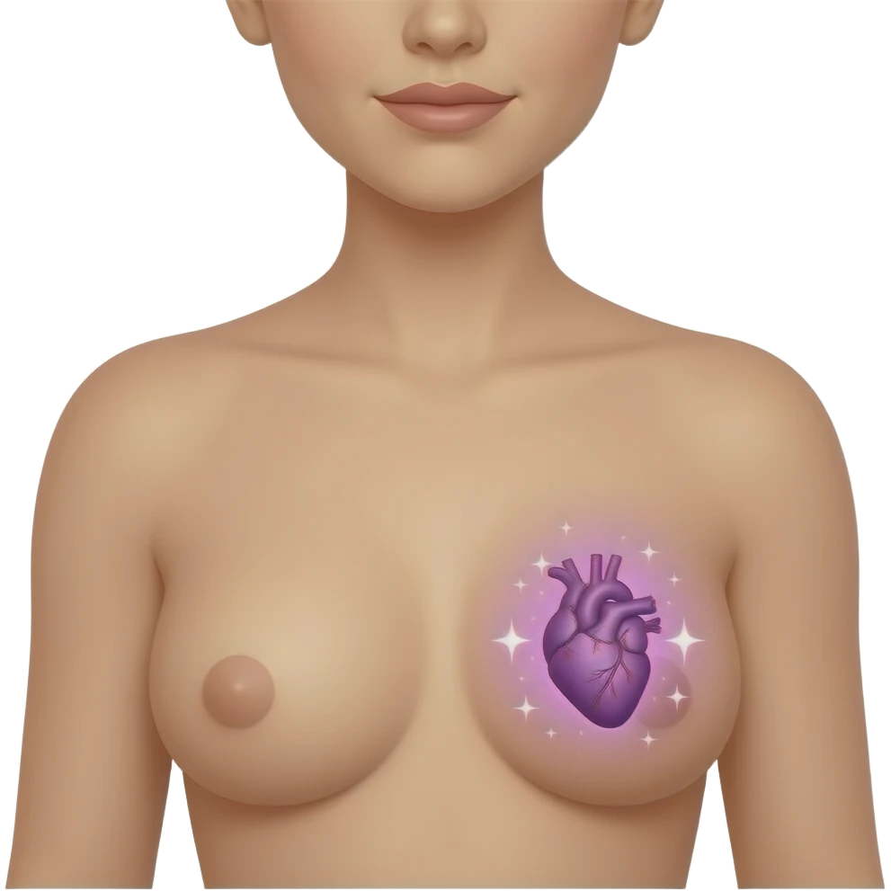iOS-style emoji of  close up of a feminine human torso with an  little anatomical purple heart in the chest, soft pink-purple aura with sparkles, smooth gradients, glossy finish, minimal details, neutral background. emoji