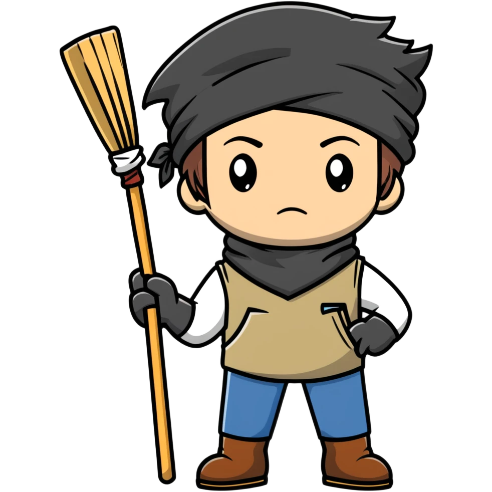 Levi Ackerman cleaning with bandana over hair, gloves, holding broom, annoyed expression emoji