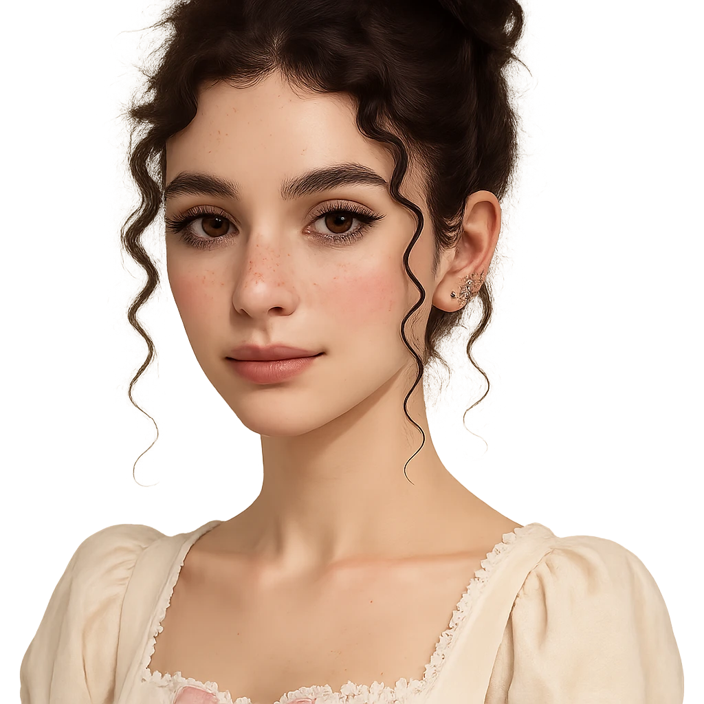 Portrait of a cute white-skinned girl with a V-shaped face and slim build, dark brown curly hair up to shoulder blades styled in a messy bun with two curly strands and a mini curl in front of each ear. Large almond-shaped brown eyes with a neutral to positive gaze, very long lashes, subtle straight brown eyeliner, brown waterline. Medium Greek nose, straight and slightly thick brown eyebrows, medium lips with light brown lipstick. Noticeable cute pink blush, few freckles on cheeks and nose, wearing coquette style clothing. Piercings: 1, 2, 3 lobes, helix and tragus on each ear. Neutral background. emoji
