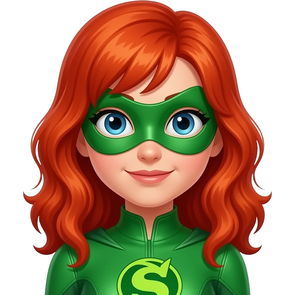 quiero que me hagas a una superheroina con el pelo pelirrojo mascara verde i con un traje verde que sea una niña emoji