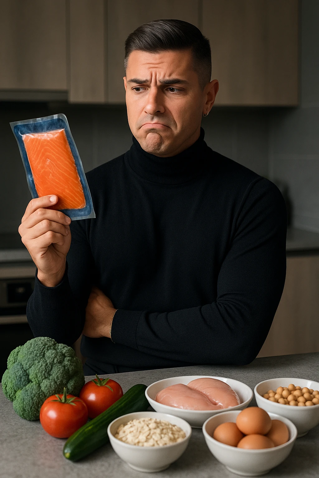 a man stands in his kitchen, holding a package of smoked salmon in one hand. He looks at it with a doubtful, slightly disapproving expression—eyebrows raised and lips pressed together. On the counter behind him, fresh vegetables and healthier protein options are visible, emphasizing his awareness of better choices. The mood is reflective and subtly critical. emoji
