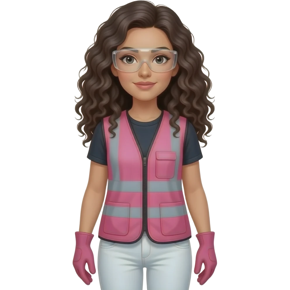 Caucasian woman with with long curly black hair witin hair wearing pink and clear safety glasses wearing a pink construction vest wearing white pans wearing pink construction vest wearing white pants wearing pink construction gloves emoji
