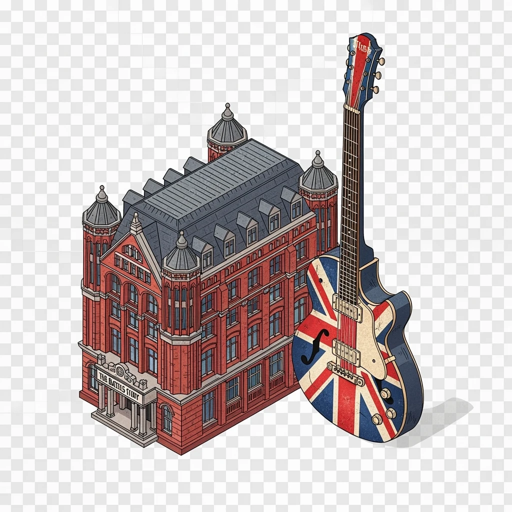 Isometric illustration of Liverpool photorealistic The Beatles Story museum, a Union Jack guitar and brick building in a miniature, slightly hand-drawn style, balanced between stylized and realistic, no cartoonish look, transparent background. emoji