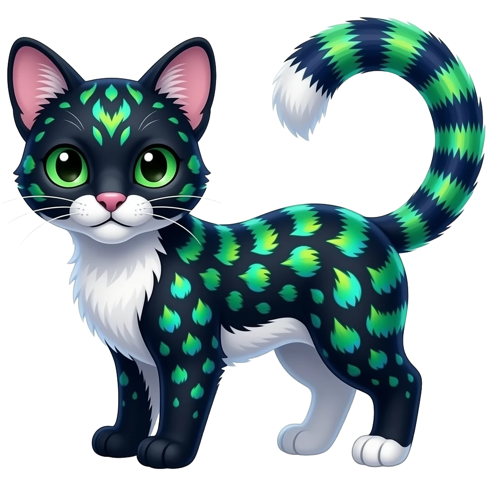 Colorful dark tropical gradient-colored cobalt-blue-obsidian-black-neon-green-gradients, with white underside, iridescent glorious divine exotic cute cool beautiful shiny fantasy-civet-genet-Fionbri-Cacomistle-Furret-civet-oncilla-animal-hybrid-fursona with pattern markings (full body) emoji