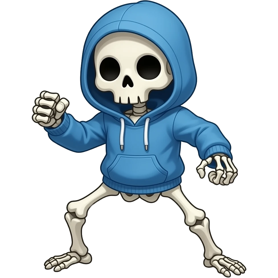sans from undertale fighting pose sans is a skeleton with a blue hoodie and its not up its not like that like the hood is down emoji