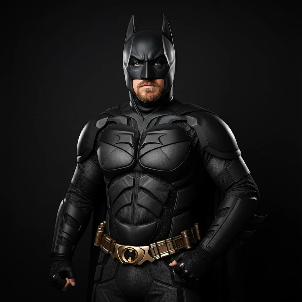 Turn this picture of me into a muscular, buff version of myself wearing the high-tech, black Christian Bale Batman suit from The Dark Knight. Maintain my own facial features but make my physique athletic and superhero-like, standing in a confident pose. emoji
