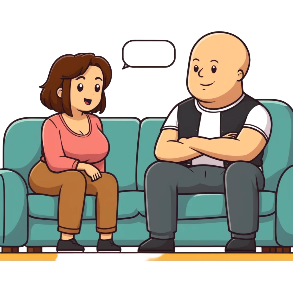 One Caucasian woman with brown hair big boobs wearing pants sitting on a couch with a bald man. She is looking down shocked. He is smiling. emoji