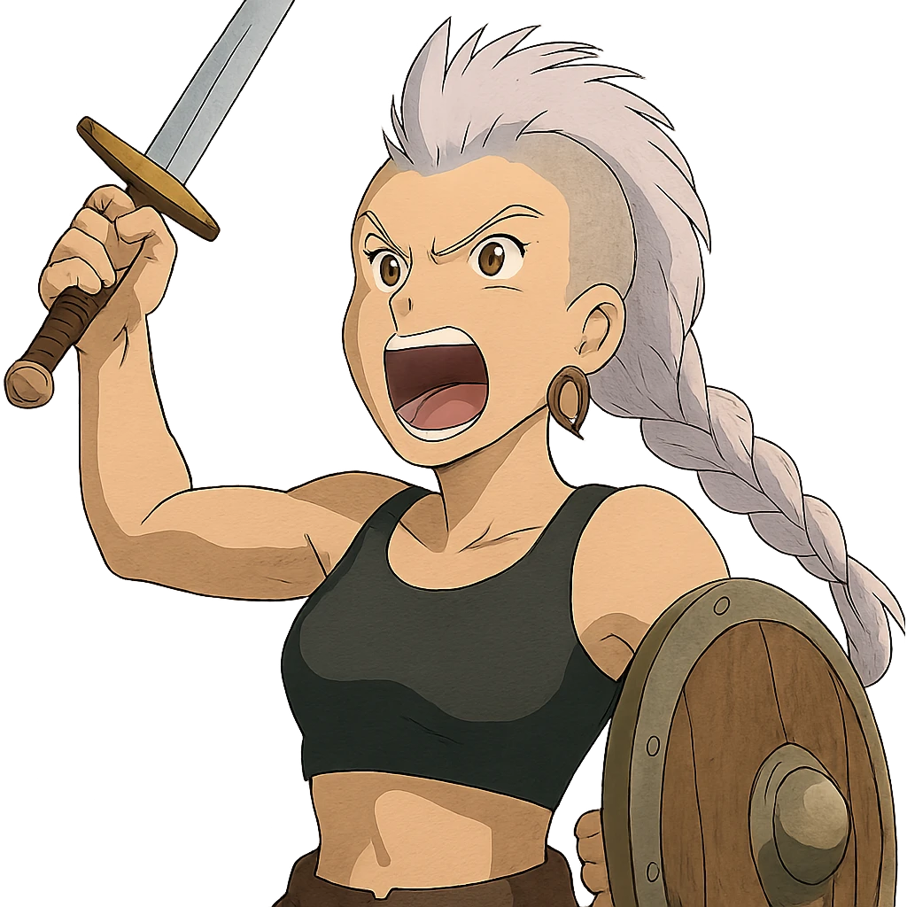 A sword maiden, mohawk, long braid white hair with lavender and tips long messy bangs one side, gold yellow eyes, black crop top, brandishing an arming sword and a shield, roaring! rah! emoji