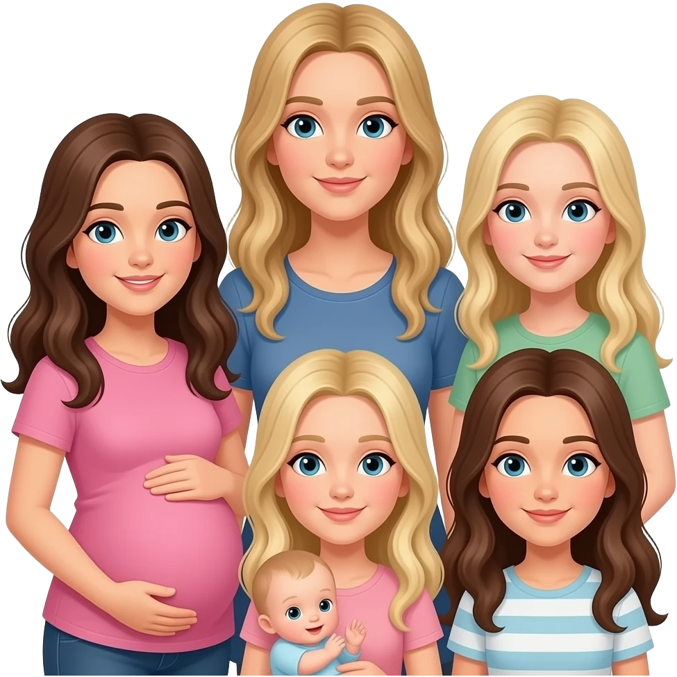 Caucasian girl friends with long hair: 1 brunette whose pregnant, 1 dirty blonde tall, 1 mom 1 blonde with baby in arms, 1 blonde, 1 brunette emoji