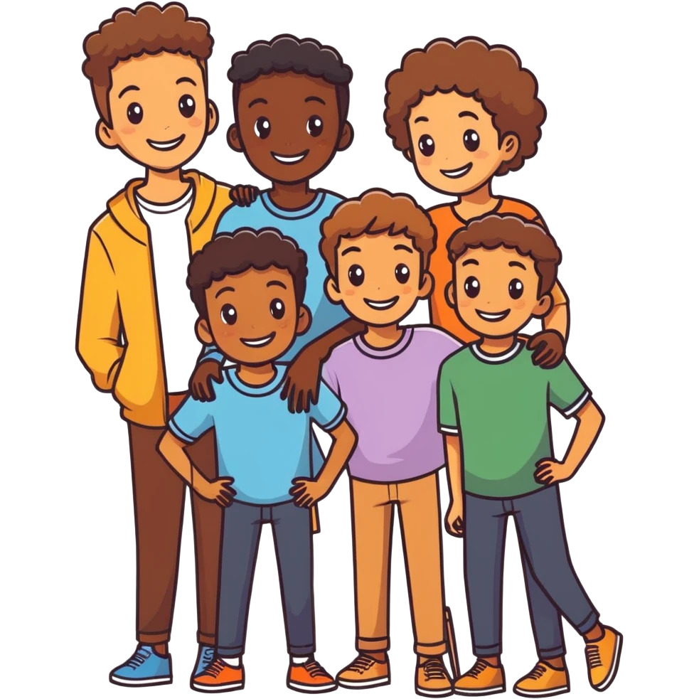 Make an emoji of a group of 5 friends, 2 are girls 3 are boys. One of the boys is brown, one of the girls is brown emoji
