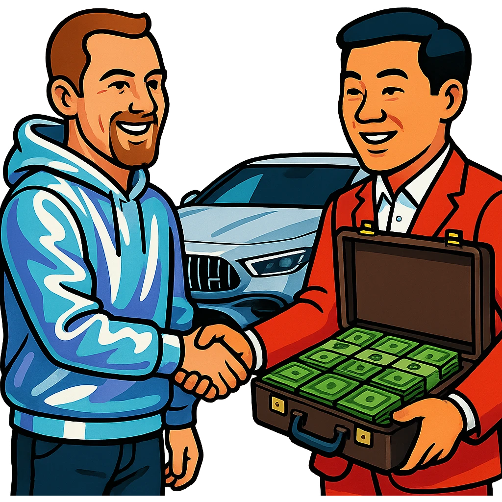 A white man with a goatee in a chrome hoodie (hoodie is metallic, skin is natural), shaking hands with a Chinese man with natural skin color, handing over a briefcase of green money. AMG car in the background. Realistic cartoon style. emoji