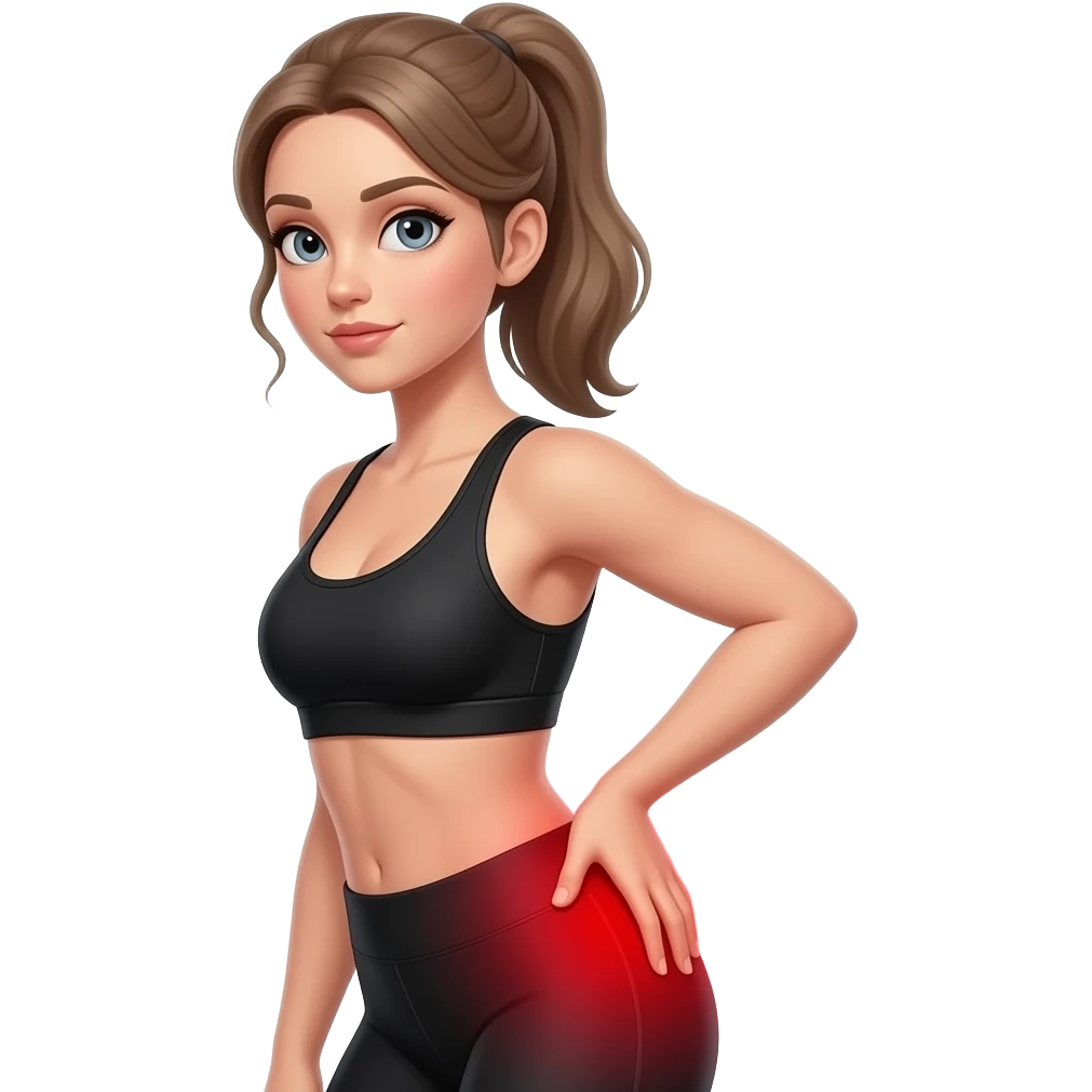 glute pain, full red glow covering the entire glute and hip area, side pose, woman touching hip and glute area, fair-skinned woman, gray-blue eyes, ash brown brows, ash light brown hair tied back, slim athletic body, black workout set emoji