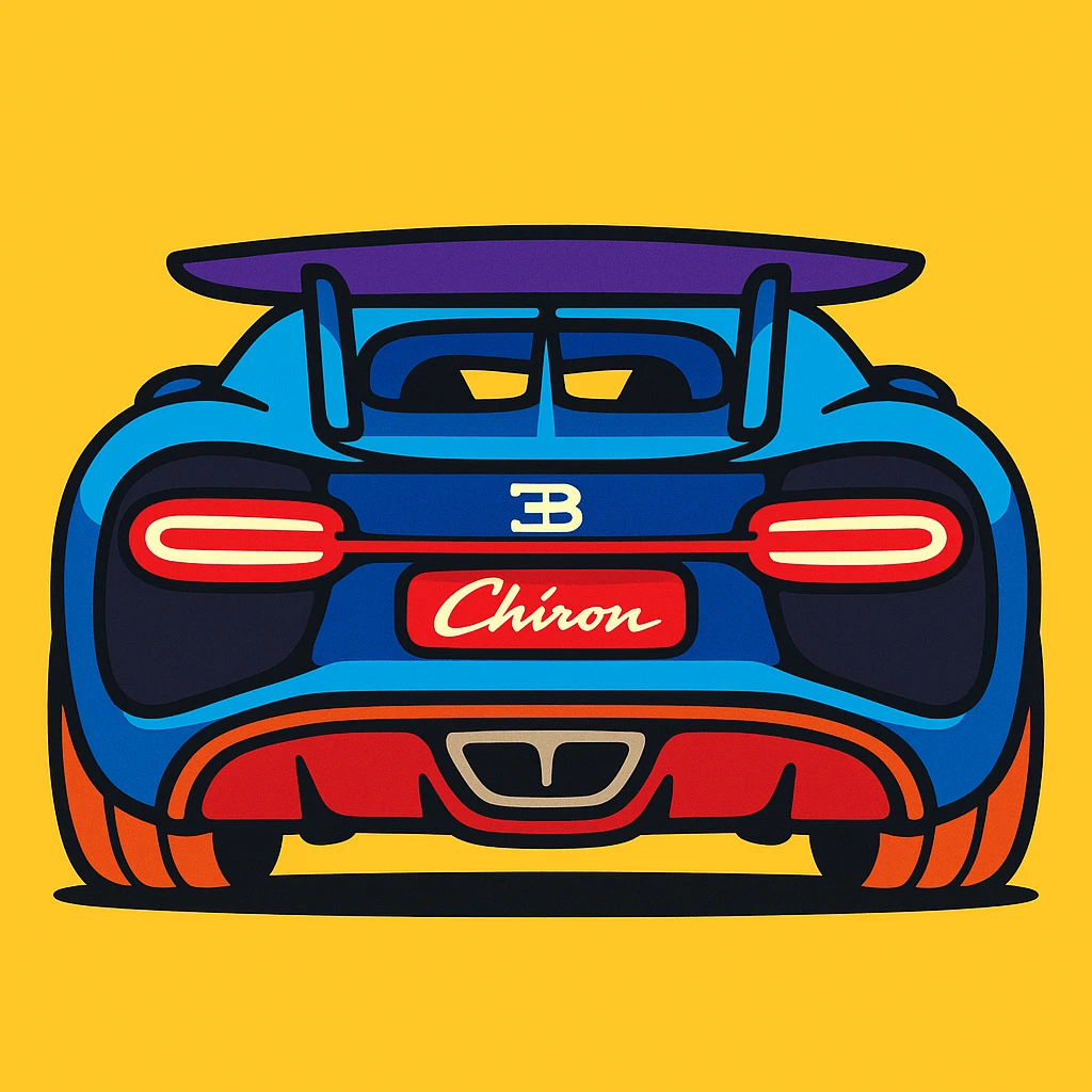 Bugatti Chiron, cartoon style, rear view, big taillights, fun and bold emoji