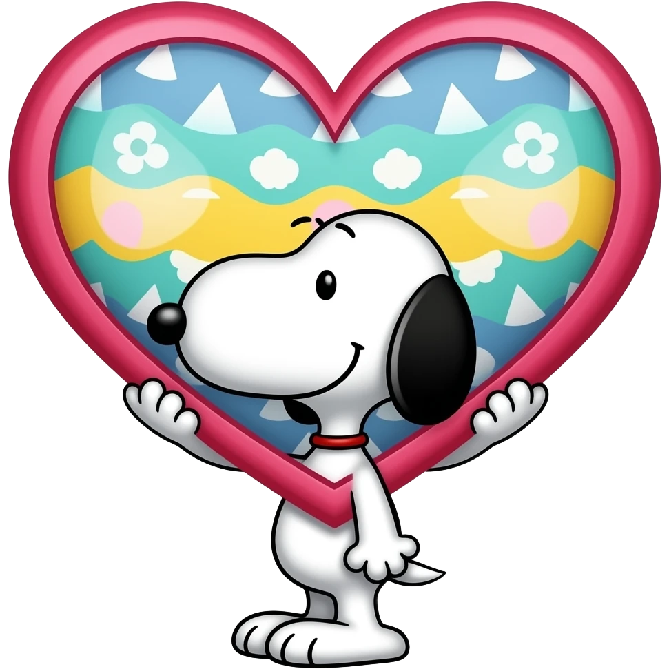 Big heart with easter design inside with snoopy holding the oversized heart over his head emoji