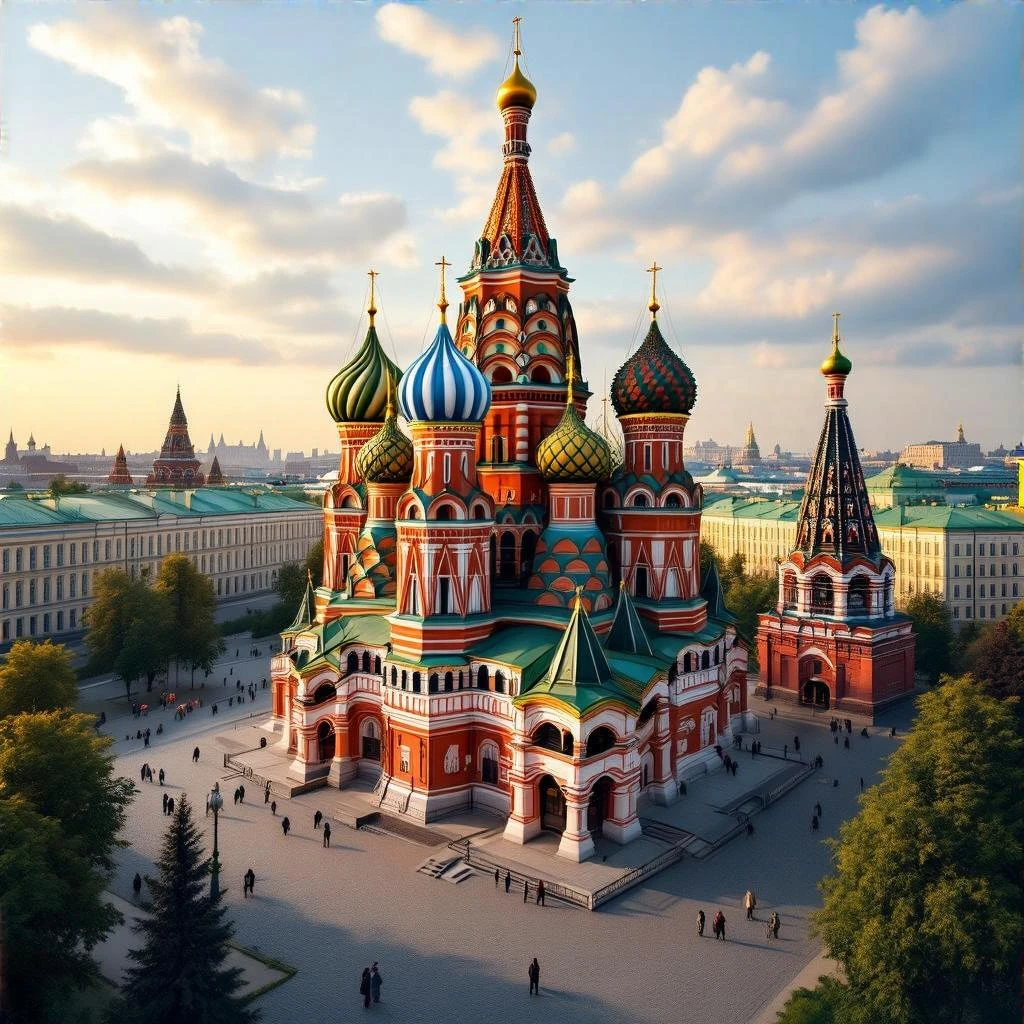 Изометрическая фотореалистичная иллюстрация-модель Собора Василия Блаженного, вид чуть сверху, баланс между стилизацией и реализмом, эффект миниатюры, слегка рисованный, прозрачный фон emoji