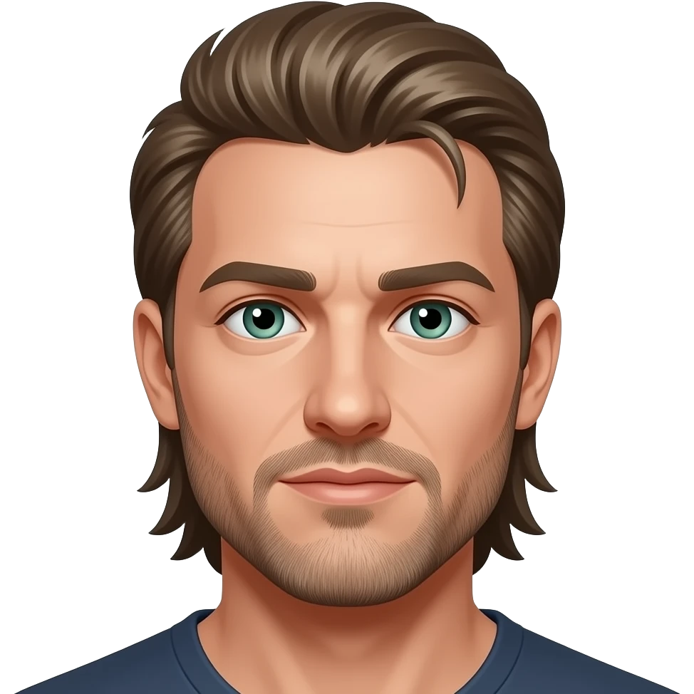 Mullet with side flares, hazel blue green eyes, some grays with mostly hazel hair, 5 o’clock shade beard emoji